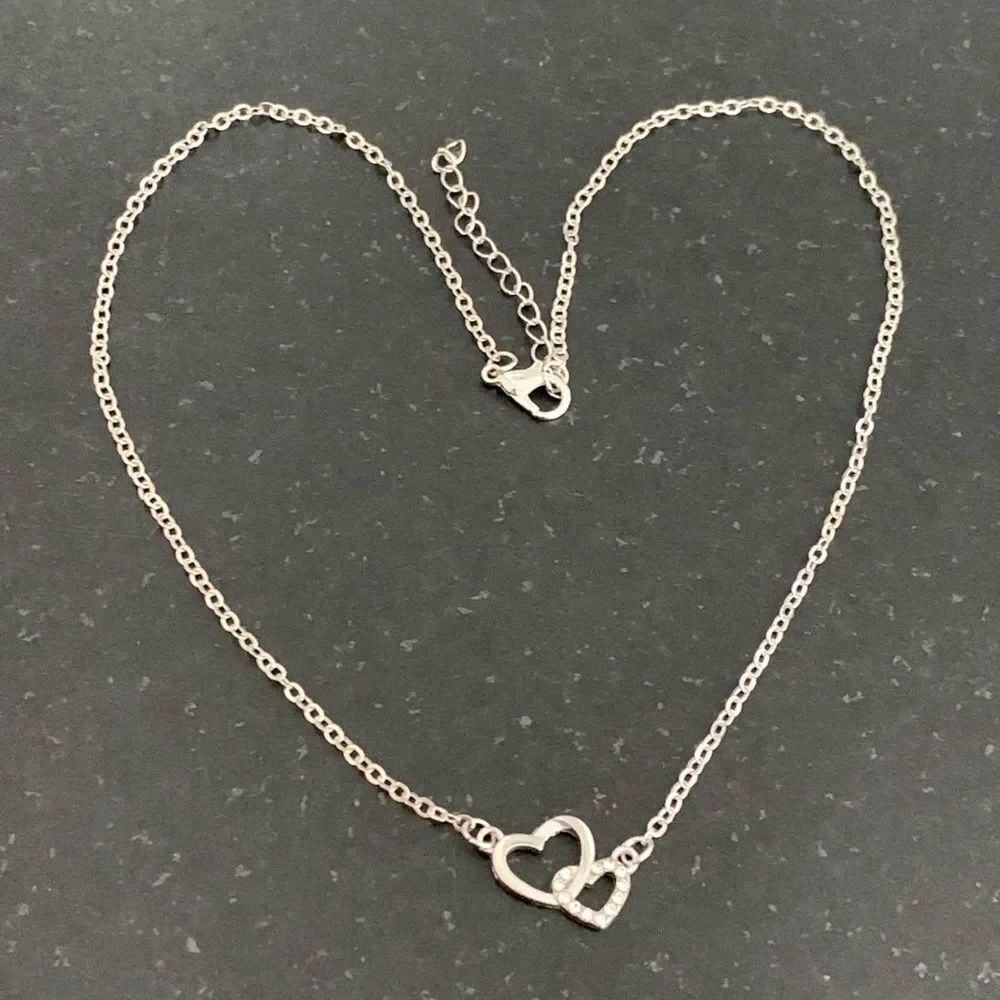 Interlocking Double Hearts Necklace, Silver Tone with Rhinestones